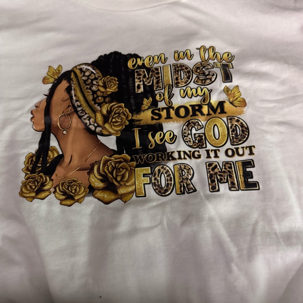 White Tee with Gold and Black Graphic